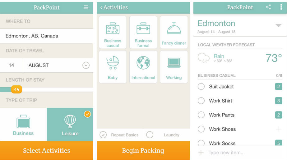 Packpoint travel guiding app preview.