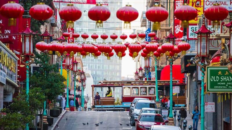 ‍Red Lanterns Dangling on a Street of San Francisco's ChinaTown