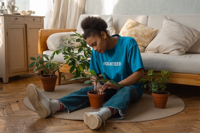 A woman potting plants in a room