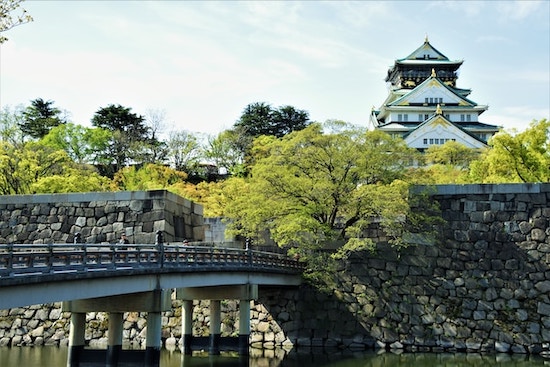 Bridge leading to an old castle surrounded by trees in Osaka, Japan